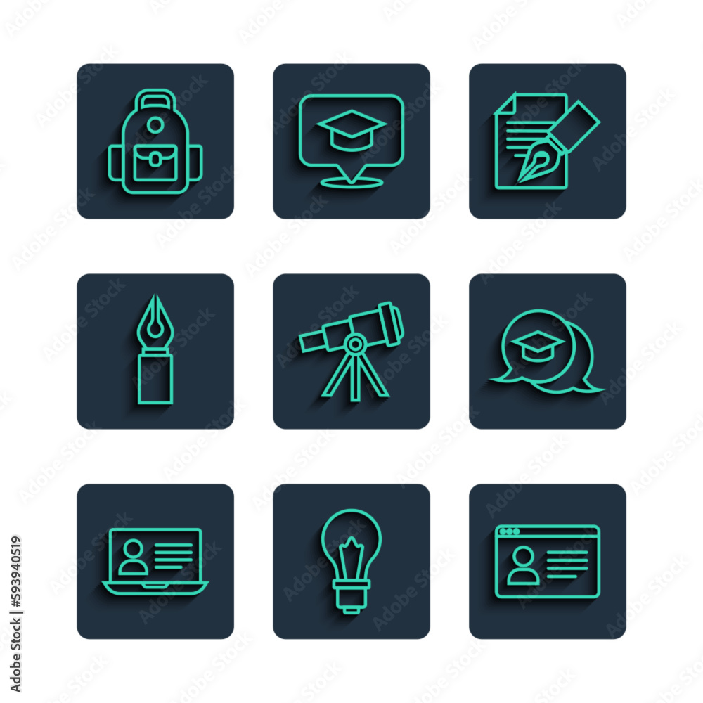 Set line Online class, Light bulb with idea, Exam sheet and pencil, Telescope, Fountain nib, School backpack and Graduation cap speech bubble icon. Vector Set line Online class, Light bulb with idea, Exam sheet and pencil, Telescope, Fountain nib, School backpack and Graduation cap speech bubble icon. Vector