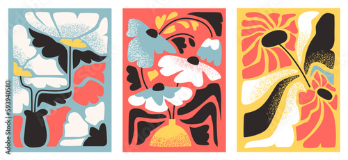 Groovy abstract flowers poster set. Matisse abstract flowers. Modern naive groovy vector illustration with trendy botanical floral patterns.
