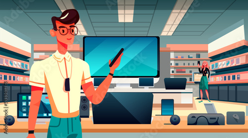 man consumer in electronics store choosing and buying digital gadgets big sale shopping concept