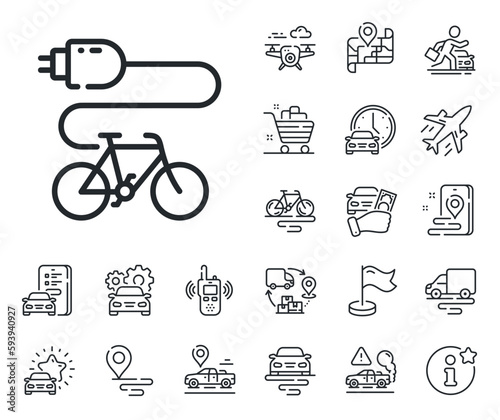 Motorized bicycle transport sign. Plane, supply chain and place location outline icons. Electric bike line icon. Charge ebike symbol. Electric bike line sign. Taxi transport, rent a bike icon. Vector