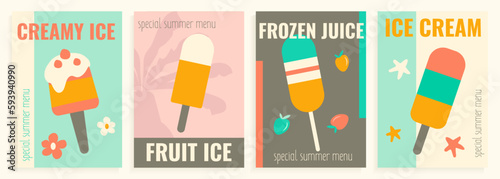 Collection of four summer posters with ice cream, advertising cafe and restaurant graphic posters in a flat style.