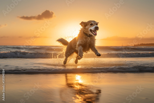 a happy dog jumping up on a beach with the stunning backdrop of a golden sunset behind it. a sea wave that catches the dog off guard 