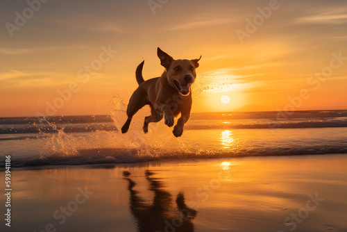 a happy dog jumping up on a beach with the stunning backdrop of a golden sunset behind it. a sea wave that catches the dog off guard 