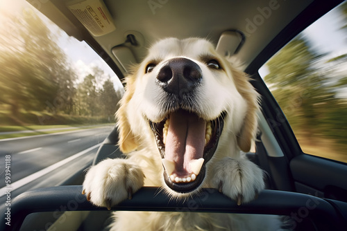 the excitement of a dog traveling in the back seat of a car. Its head out of the car window, tongue lolling out of its mouth, and a big smile on its face. © Dinusha