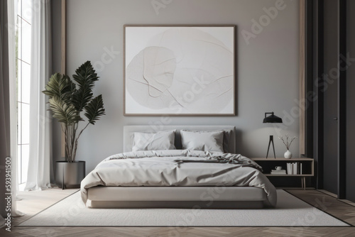 A modern bedroom with a mockup poster frame on a white wall, surrounded by accessories and greenery. The lighting and cozy bedding make the atmosphere peaceful. This mockup is AI generative. © sorapop