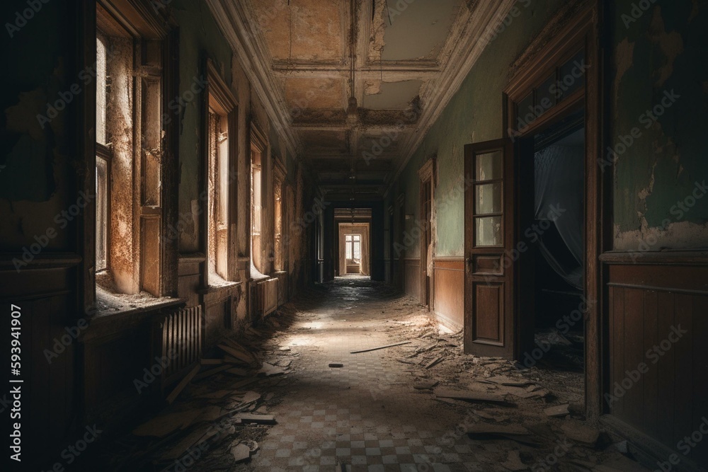 Gloomy semi-dark corridor in ruined house for abandoned asylum. Generative AI