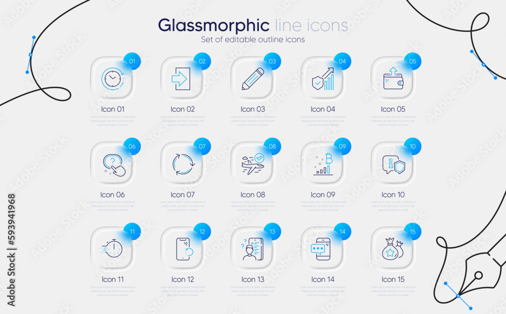 Naklejka premium Set of Survey, Cooking timer and Phone password line icons for web app. Time change, Smartphone recovery, Shield icons. Question button, Bitcoin graph, Recycling signs. Wallet, Login. Vector