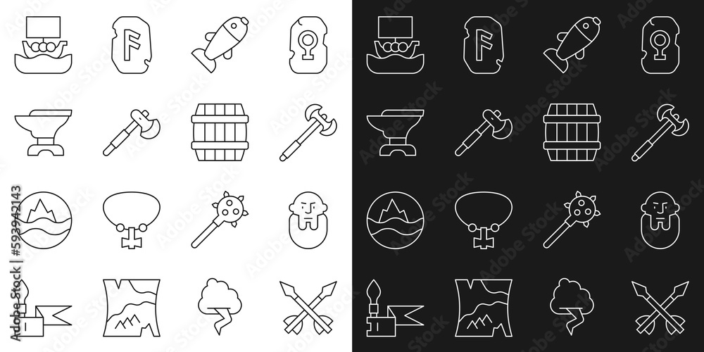 Set line Medieval arrows, Viking head, poleaxe, Fish, Wooden, Anvil for blacksmithing, ship Drakkar and barrel icon. Vector