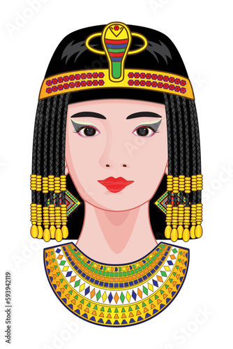 Concept of Beautiful woman princess or queen in ancient Egypt with snake golden crown drawing in cartoon vector