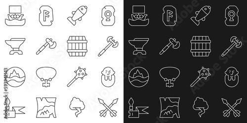 Set line Medieval arrows, Viking head, poleaxe, Fish, Wooden, Anvil for blacksmithing, ship Drakkar and barrel icon. Vector