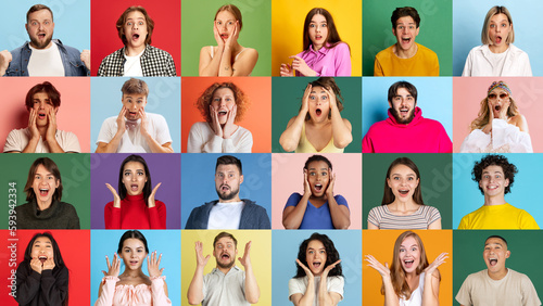 Human emotions. Collage of diverse people, men and women expressing different emotions over multicolored background. Surprised, bright emotions. Team, job fair, student, university, ad concept