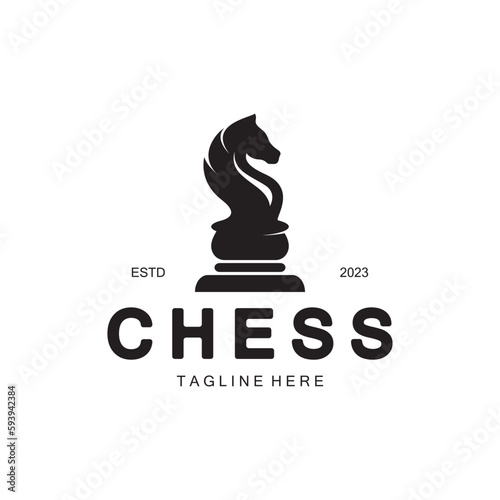 Chess strategy game logo with horse, king, pawn, minister and rook. Logo for chess tournament, chess team, chess championship, chess game application.