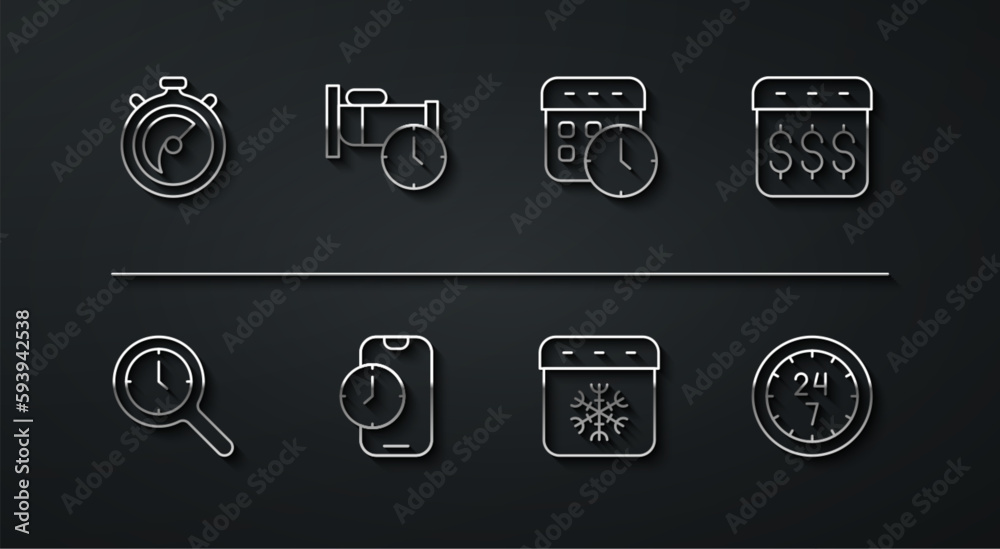Set line Stopwatch, Magnifying glass with clock, Payday, calendar dollar, Calendar winter, Alarm app mobile, Time sleep, Clock 24 hours and and icon. Vector Set line Stopwatch, Magnifying glass with clock, Payday, calendar dollar, Calendar winter, Alarm app mobile, Time sleep, Clock 24 hours and and icon. Vector