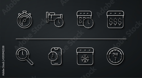 Set line Stopwatch, Magnifying glass with clock, Payday, calendar dollar, Calendar winter, Alarm app mobile, Time sleep, Clock 24 hours and and icon. Vector