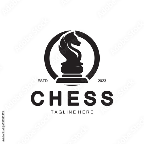 Chess strategy game logo with horse, king, pawn, minister and rook. Logo for chess tournament, chess team, chess championship, chess game application.