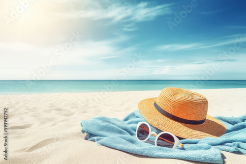 Summer vacation. Hat and sunglasses on sand beach with blue sky background. Generative ai.