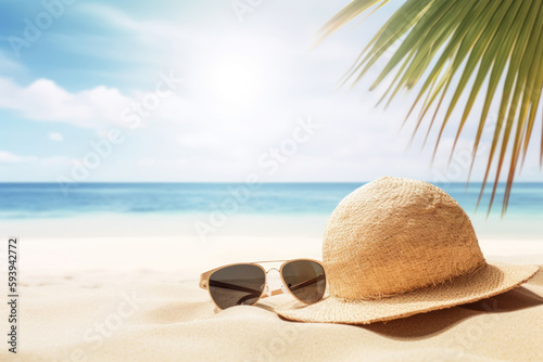 Summer vacation. Hat and sunglasses on sand beach with blue sky background. Generative ai.