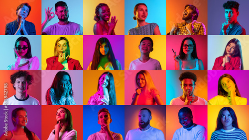 Collage of large group of ethnically diverse pensive, doubtful people, men and women expressing uncertain emotions over neon background. Multiracial society