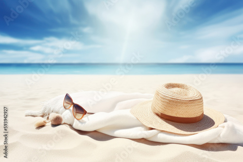 Summer vacation. Hat and sunglasses on sand beach with blue sky background. Generative ai.