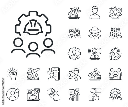 Engineer or architect group sign. Specialist, doctor and job competition outline icons. Engineering team line icon. Construction helmet symbol. Engineering team line sign. Vector