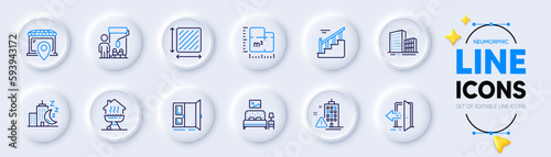 Square area, Floor plan and Painter line icons for web app. Pack of Furniture, Home grill, Open door pictogram icons. Entrance, Market location, Buildings signs. Stairs, Building warning. Vector