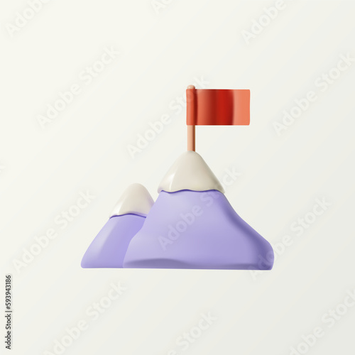 3D business icon of mountain with flag, concept of motivation, achievement, mission success.