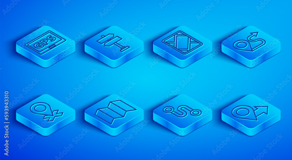 Set line Gps device with map, Road traffic sign, Folded, Route location, Location and icon. Vector Set line Gps device with map, Road traffic sign, Folded, Route location, Location and icon. Vector