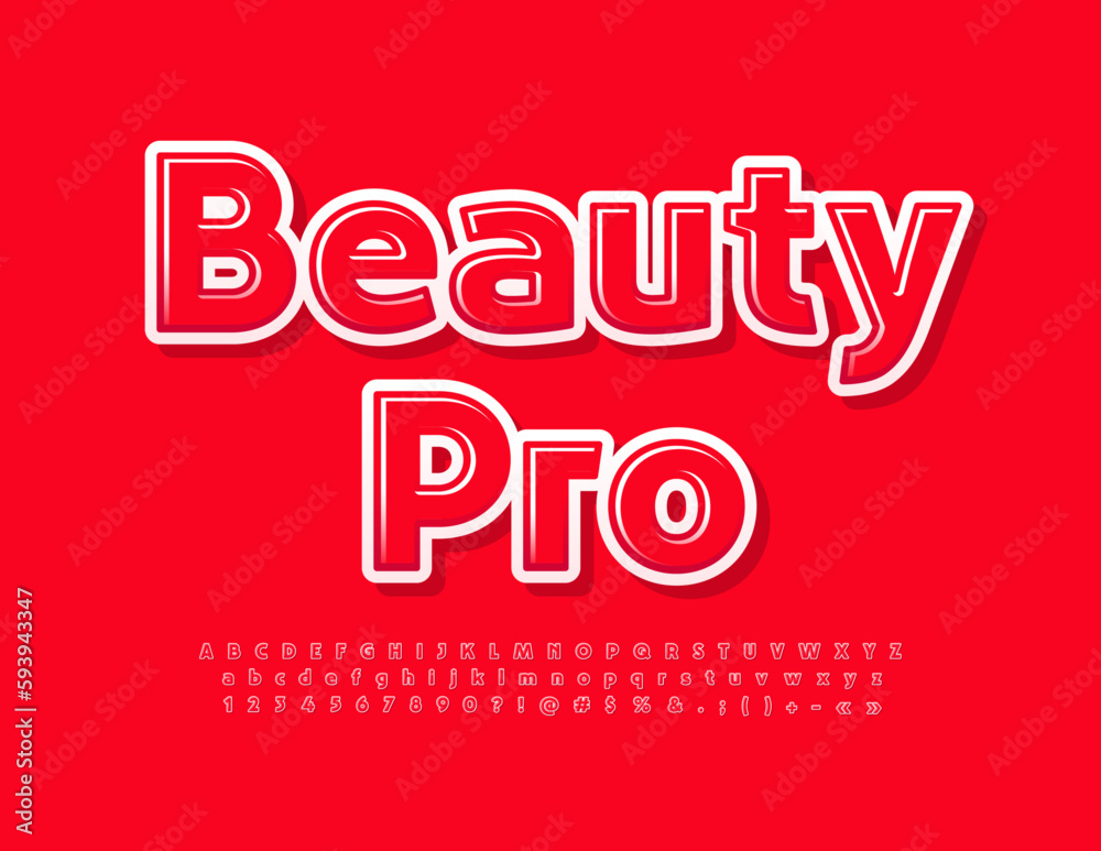 Vector stylish poster Beauty Pro. Elegant Red Font. Trendy Alphabet Letters, Numbers and Symbols set