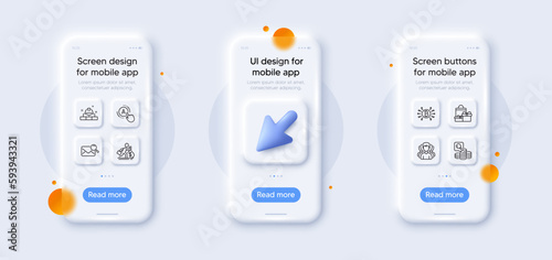 Inspect, Ab testing and Salary line icons pack. 3d phone mockups with cursor. Glass smartphone screen. Search mail, Construction bricks, Shopping web icon. Group, Bitcoin system pictogram. Vector