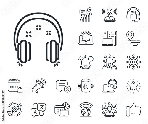 Music listen sign. Place location, technology and smart speaker outline icons. Headphones line icon. Musical earphones symbol. Headphones line sign. Influencer, brand ambassador icon. Vector