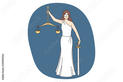 Lady justice holding scales and sword stand for law and order. Goddess Themis or Femida with weighs in hands. Jurisdiction and legal institution concept. Vector illustration.