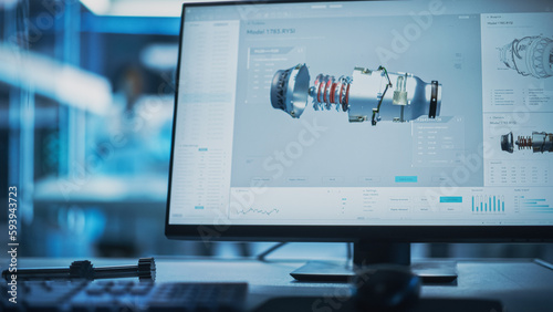 Fotografie Close Up of a Computer Monitor Display with 3D CAD Software with Prototype Turbine Motor Project