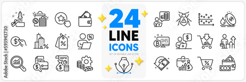 Icons set of Money, Discount tags and Shopping bags line icons pack for app with Wallet, Innovation, Payment thin outline icon. Accounting, Business person, Mortgage pictogram. Vector