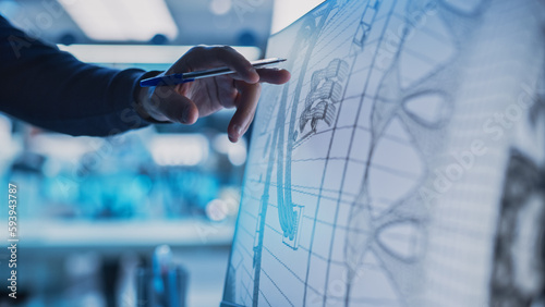 Close Up of a Desktop Computer Monitor Screen with 3D CAD Software with Prototype Jet Engine Project. Specialist Discussing Work, His Hand Visible In Front of the Screen. photo