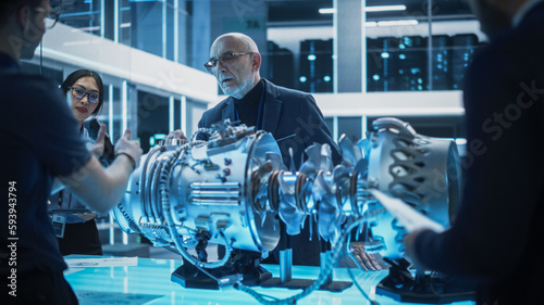 Diverse Multiethnic Team of Industrial Engineers Gathered Around a Table With a Prototype Turbofan Engine. Scientists Discuss the Futuristic Motor, Use Equipment and Tablet Computer for Research.