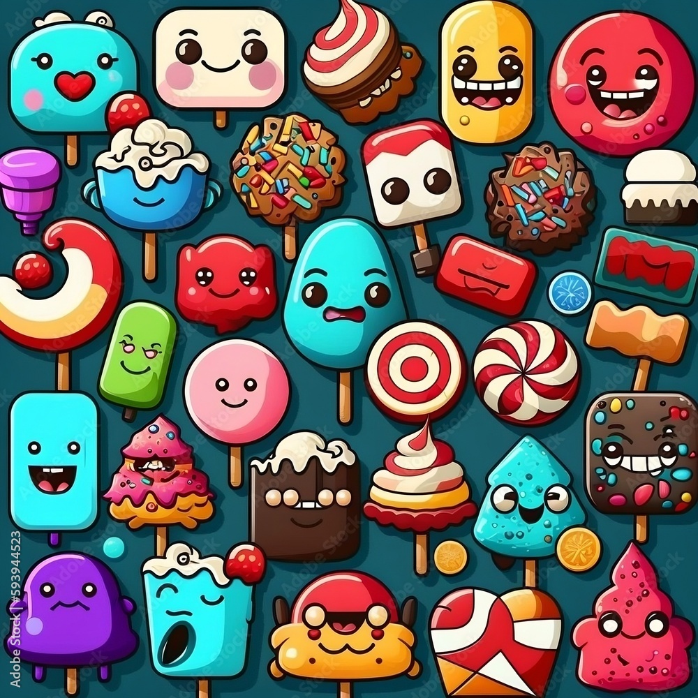 cartoon sweets ice cream candy cake on blue background cartoon sweets ice cream candy cake on blue background