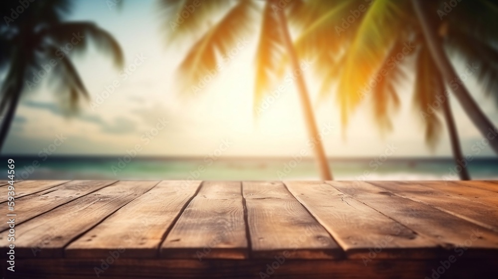 beach in summer with wooden platform and palm trees beach in summer with wooden platform and palm trees