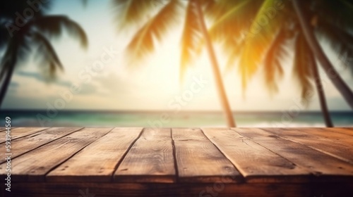 beach in summer with wooden platform and palm trees