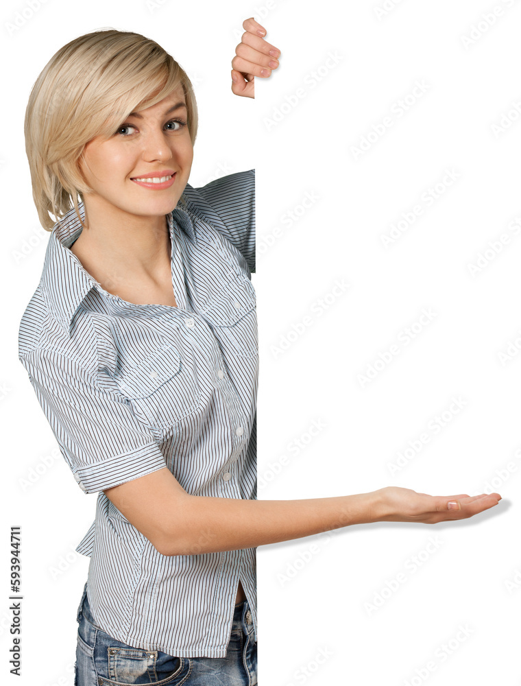 Happy smiling young woman showing blank signboard, isolated on white background Happy smiling young woman showing blank signboard, isolated on white background