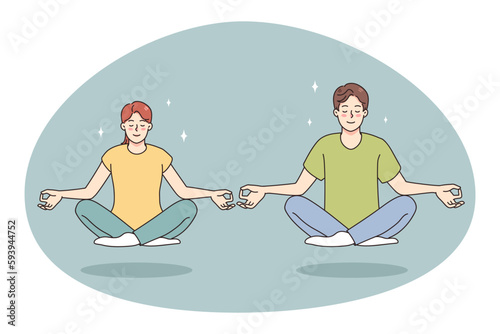 Calm man and woman with mudra hands meditate in lotus position clear thoughts. Happy couple practice yoga with eyes closed relieve negative emotions breathe fresh air. Vector illustration.