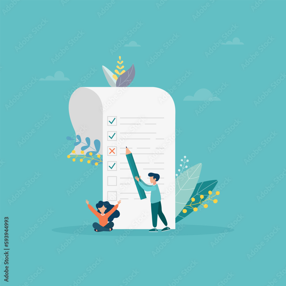 little people fill out a form, modern concept for web banners, infographics, websites, printed products. Concept done, checklist, long paper document and to-do list with checkboxes. Vector flat illust little people fill out a form, modern concept for web banners, infographics, websites, printed products. Concept done, checklist, long paper document and to-do list with checkboxes. Vector flat illust