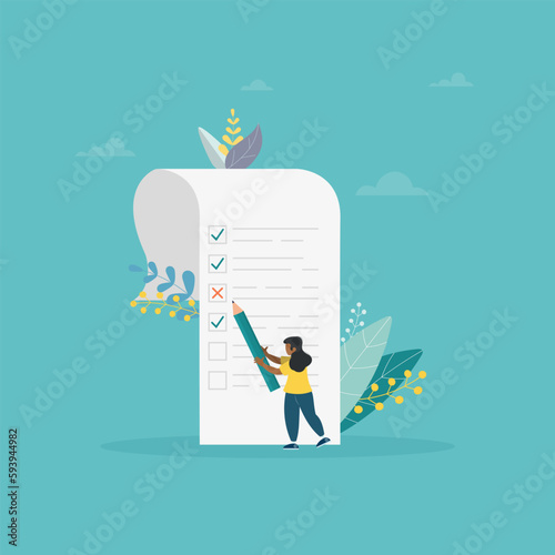 A woman with a pencil completed the tasks in the to-do list. Time management concept, work planning method, organization of daily goals and achievements. Flat vector illustration for banner, poster.

