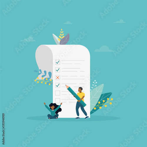little people fill out a form, modern concept for web banners, infographics, websites, printed products. Concept done, checklist, long paper document and to-do list with checkboxes. Vector flat illust