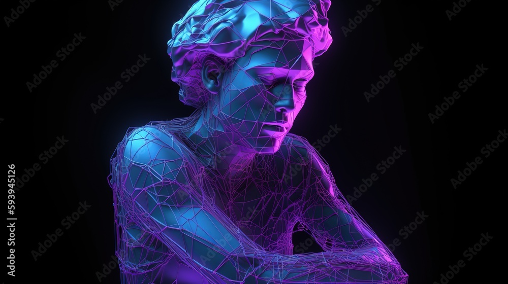 Classical sculpture 3D rendered with low poly glowing purple lines network. Metaverse avatar. Computer generated retro futuristic vintage render. Holographic, vaporwave, synthwave. Generative AI. Classical sculpture 3D rendered with low poly glowing purple lines network. Metaverse avatar. Computer generated retro futuristic vintage render. Holographic, vaporwave, synthwave. Generative AI.