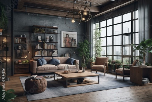 Modern loft living room and decorating ideas with modern mid county furniture .3d render. Generative AI
