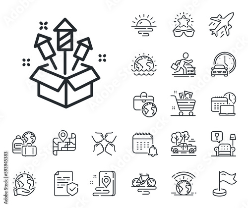 Pyrotechnic salute sign. Plane jet, travel map and baggage claim outline icons. Fireworks rocket line icon. Carnival celebration lights symbol. Fireworks rocket line sign. Vector