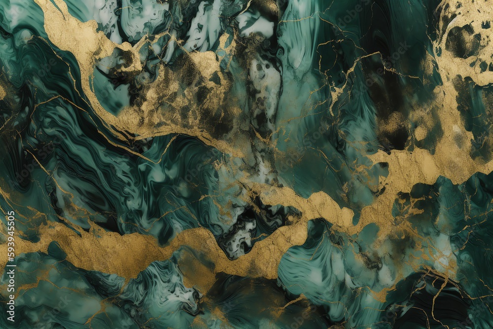 Fototapeta premium Green and gold marble texture. Generative AI