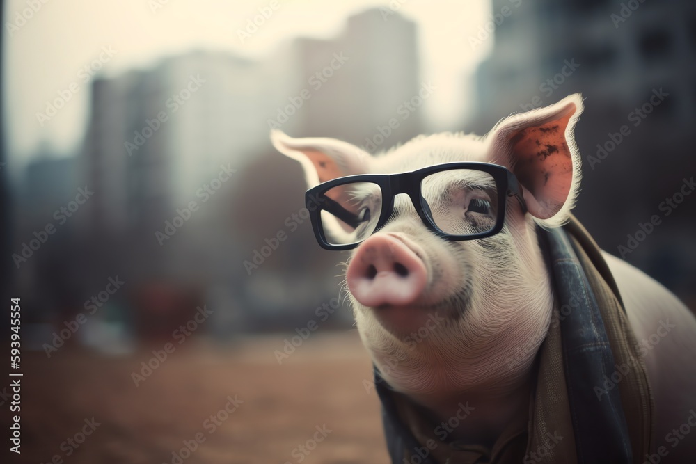 Hipster pig in city. Generative AI