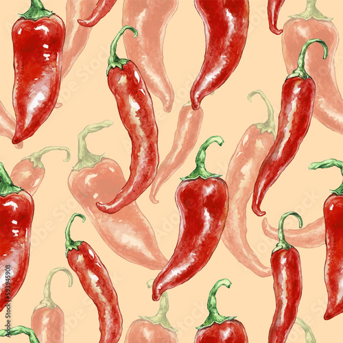 Hand drawn seamless pattern with chili peppers. Watercolor Mexican texture with chili peppers for wrapping paper, wallpaper, fabric pattern, print, kitchen design, notebook design. 