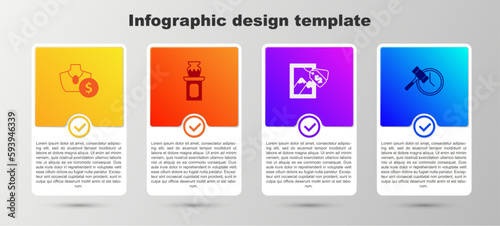 Set Auction jewelry sale, ancient vase, painting and hammer. Business infographic template. Vector
